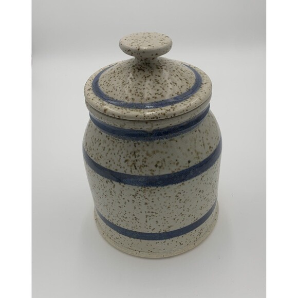 Vintage Art Pottery Sugar Jar with Lid white and blue strapes with brown dots - Picture 3 of 10